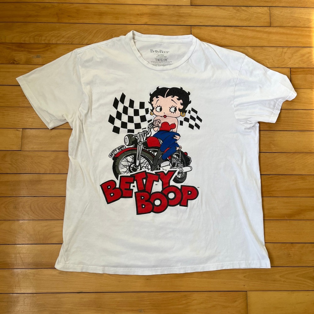 Betty Boop Motorcycle Graphic T-Shirt White XL Biker Checkered Flag 2023 Cotton